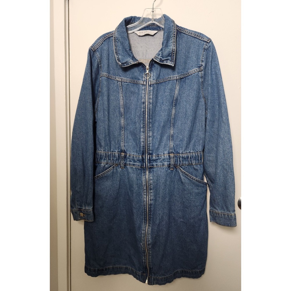 Denim & Co Primark Jean Jumper Mini Dress Full Front Zip 14 Long Sleeve Pockets‎